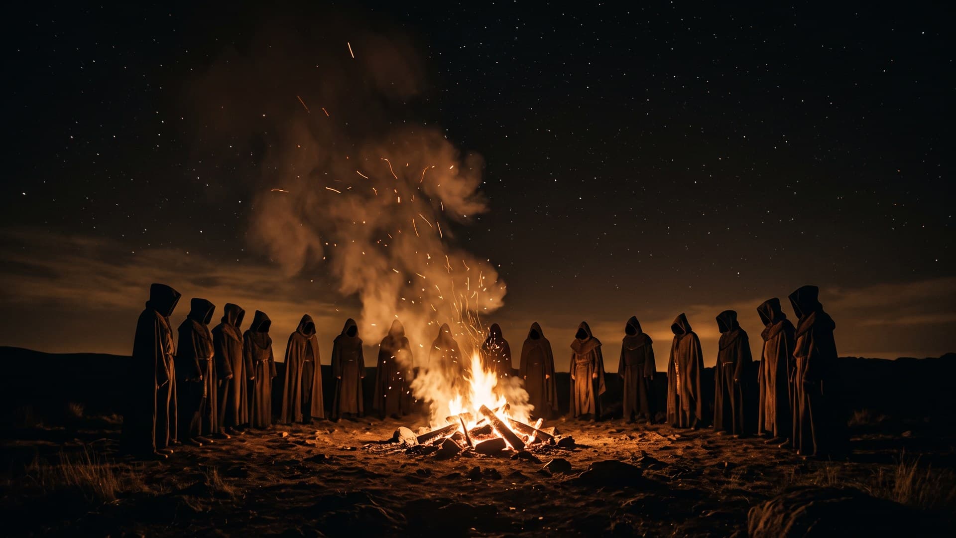 A collective gathered around fire in the dark